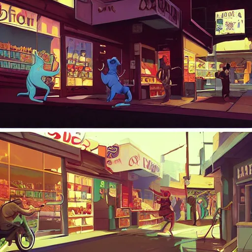 Image similar to cat robbing a food store, art gta 5 cover, artstation by jesper ejsing, by rhads, makoto shinkai and lois van baarle, ilya kuvshinov, ossdraws, and by feng zhu and loish and laurie greasley, victo ngai, andreas rocha, john harris