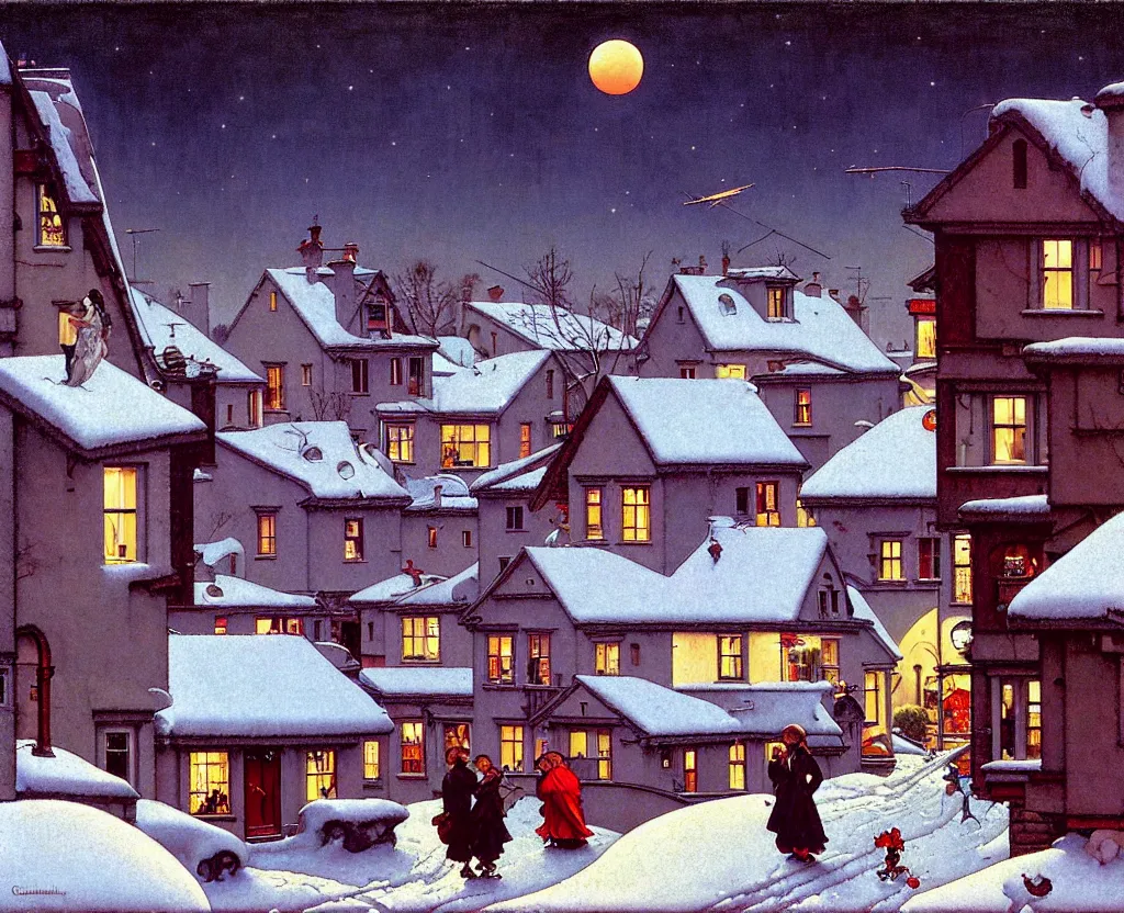 Prompt: in the style of norman rockwell, gerald brom, caravaggio, beautiful small town, houses and buildings, 1 9 5 0 s, evening, lighting in windows, winter, mountains in the distance