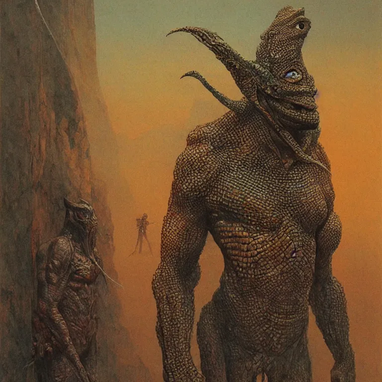 Image similar to lizardman warrior concept, tribal, beksinski an moebius