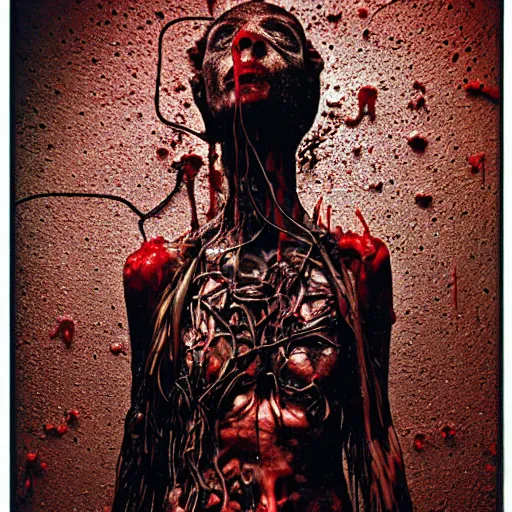 Prompt: cyberpunk rotting torso flesh decay, lacerations, dripping splattered red oil, by giger and zdzisław beksinski, surrealism dark art by james jean, electrical wiring and broken machines, cables veins tendons blood, degraded, autochrome, film grain, light leaks, stains