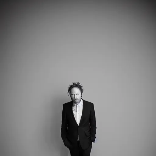 Image similar to a black and white photo of thom yorke in a suit by John E. Berninger, featured on pexels, les nabis, studio portrait, chiaroscuro, ultrafine detail