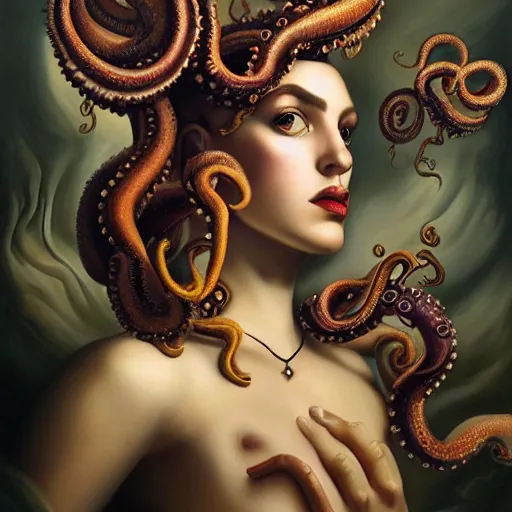 Image similar to dynamic composition, a painting of a man with hair of octopus tentacles and sea weed wearing ornate earrings, a surrealist painting by tom bagshaw and jacek yerga and tamara de lempicka and jesse king, featured on cgsociety, pop surrealism, surrealist, dramatic lighting, magick, pre - raphaelite, ornate gilded details