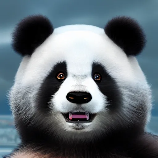 Prompt: photorealistic fuzzy panda, very realistic fuzzy fur, cute, glassy eyes. big eyes, inferno in background, 8k