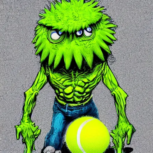 Prompt: a tennis ball monster shrugging, shrug , digital art, fantasy, magic, trending on artstation, ultra detailed, professional illustration by Basil Gogos