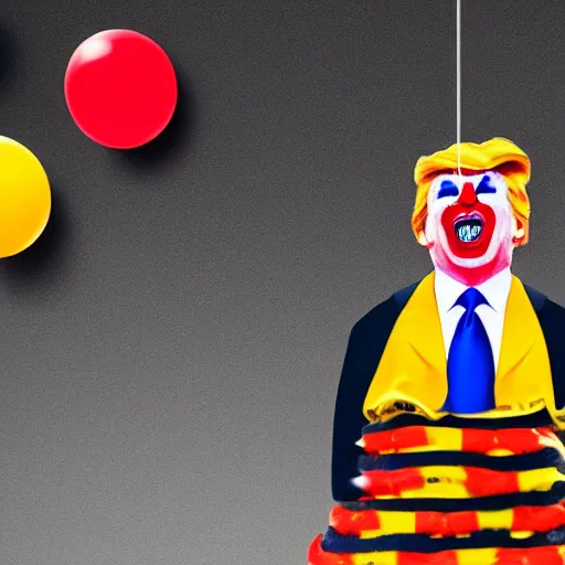 Image similar to donald trump as a clown being hanged for treason, 4 k, cinematic, hyperrealism,