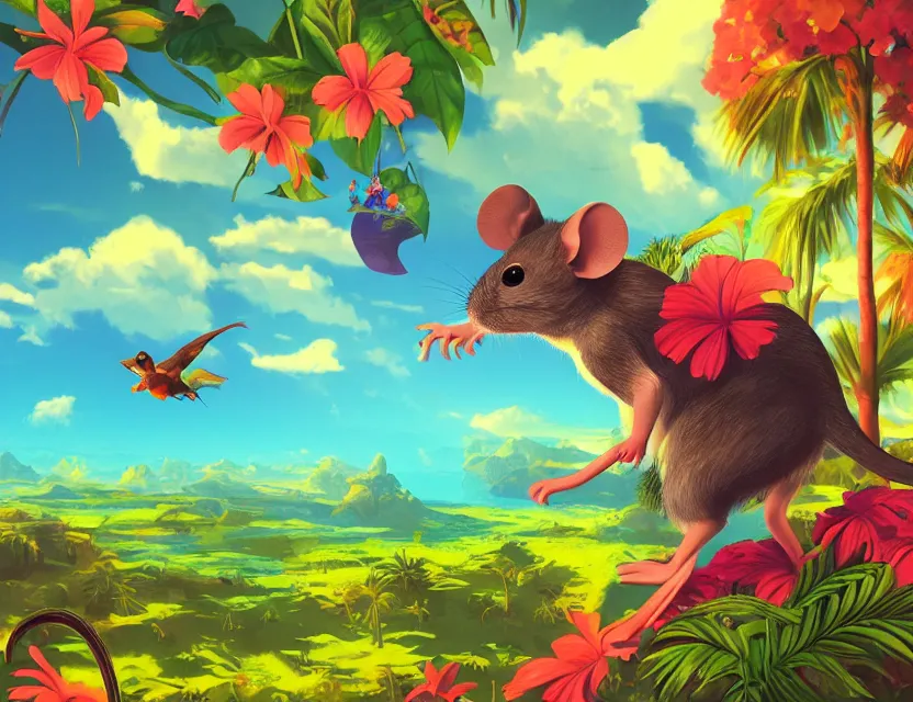 Prompt: adventurer mouse riding a bird above tropical landscape. complementary colors, vaporwave, gouache, indie concept art, bloom, chiaroscuro, backlighting, intricate details.