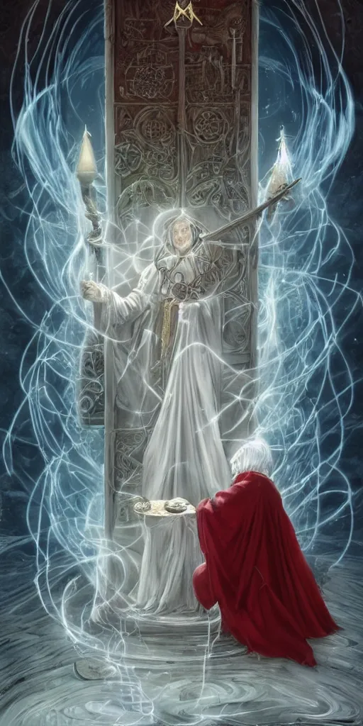 Prompt: tarot card of Magician white robe purity, red cloak, knowledge, table in front with a cup, pentacle, sword and wand – water, earth, air and fire, unlimited potential, flowers, fruition of ideas by framk frazzeta, brom, luis royo, Zdzisław Beksiński and thu berchs James Gurney unreal engine, Trending on artstation.