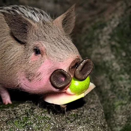 Image similar to a newly discovered animal that is part hog and part pear, green skin, pig nose, cute, nature photography