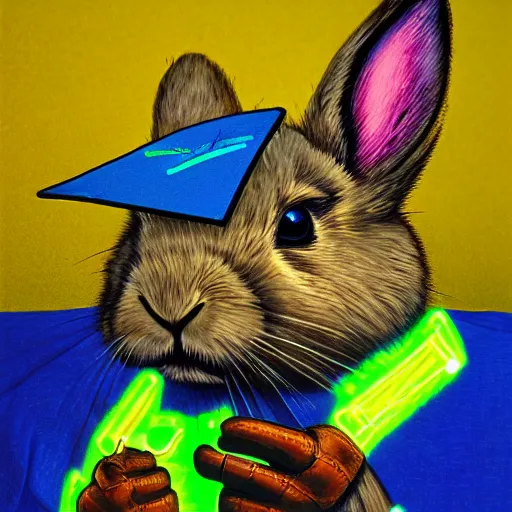 Image similar to portrait of rabbit with UV neon fur holding a machine gun , 8k, highly detailed, sharp, realistic, in style of Brom