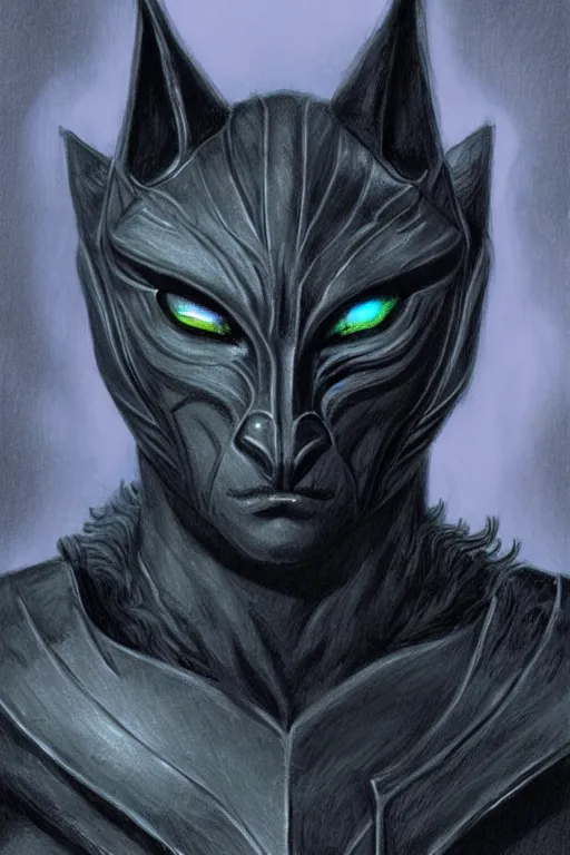 Image similar to head and shoulders portrait of an eldrich knight, drow, dark elf, shadar kai, armored, magical, male, black cat familiar, high fantasy, d & d, by boris vallejo, face details, extremely detailed, digital illustration