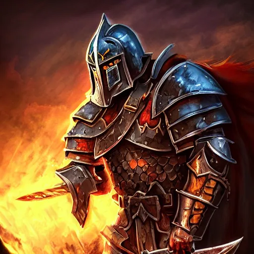 Image similar to Ares with heavy armor and sword, heavy knight helmet, dark sword in Ares's hand, war theme, bloodbath battlefield, fiery battle coloring, hearthstone art style, epic fantasy style art, fantasy epic digital art, epic fantasy card game art