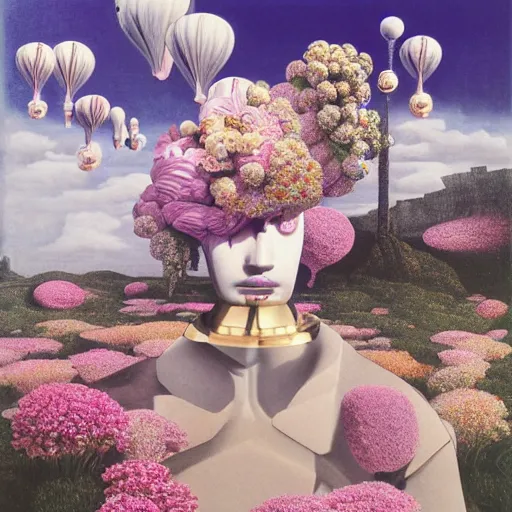 Prompt: David Friedrich, giant marble chess pieces, gold rings, liminal spaces, party balloons, checkered pattern, mirrors, David Friedrich, award winning masterpiece with incredible details, flowers, Zhang Kechun, a surreal vaporwave vaporwave vaporwave vaporwave vaporwave painting by Thomas Cole of an old pink mannequin head with flowers growing out, sinking underwater, highly detailed