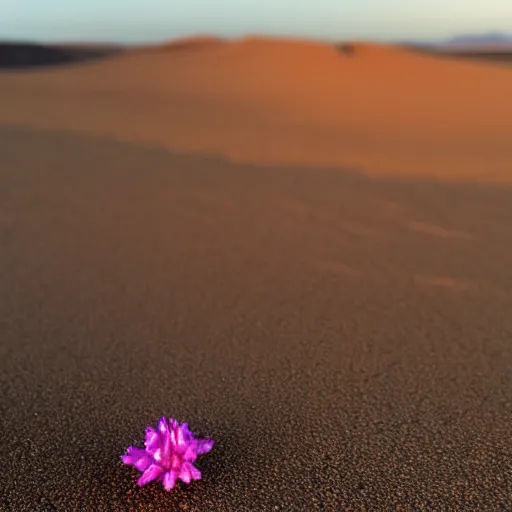 Image similar to a single small pretty desert flower blooms in the middle of a bleak arid empty desert, in the background a large topaz crystal sticks halfway out of the sand, sand dunes, clear sky, low angle, dramatic, cinematic, tranquil, alive, life.