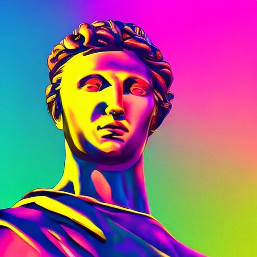 Prompt: the statue of david with a neon ring around the head in a synthwave, digital art, hyper-realistic