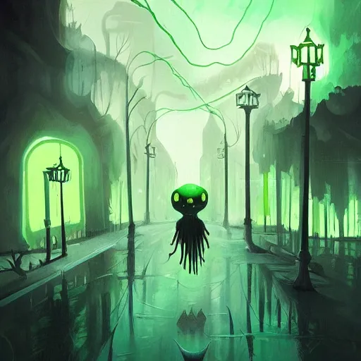 Prompt: a being of green ghostly viscous slime ooze making its way through abandoned midnight streets, skeletal ghosts, wisp lights, rhads,