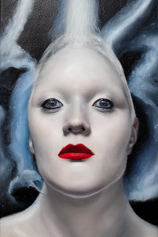 Image similar to hyperrealism oil painting, close - up portrait of albino medieval fashion model, black silk, steel gradient mixed with nebula sky, in style of baroque