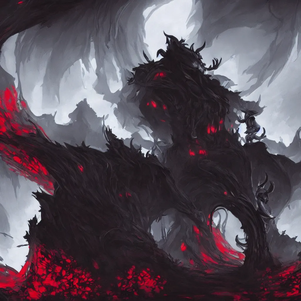 Image similar to concept art for hollow knight. Ominous. High detail. No text. Red. Bright Colors. nightmare king grimm. Sharp. 4K 8K. Detailed shapes.