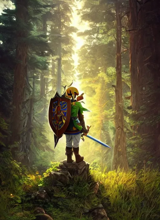 Prompt: link legend of zelda with shield on his back standing at a forest looking for adventure in the mountains, tall trees, landscape is lush, moody sunset in background, greg rutkowski, alphonse mucha, trending on artstation, artgerm, unreal engine, breathtaking, award winning, highly detailed