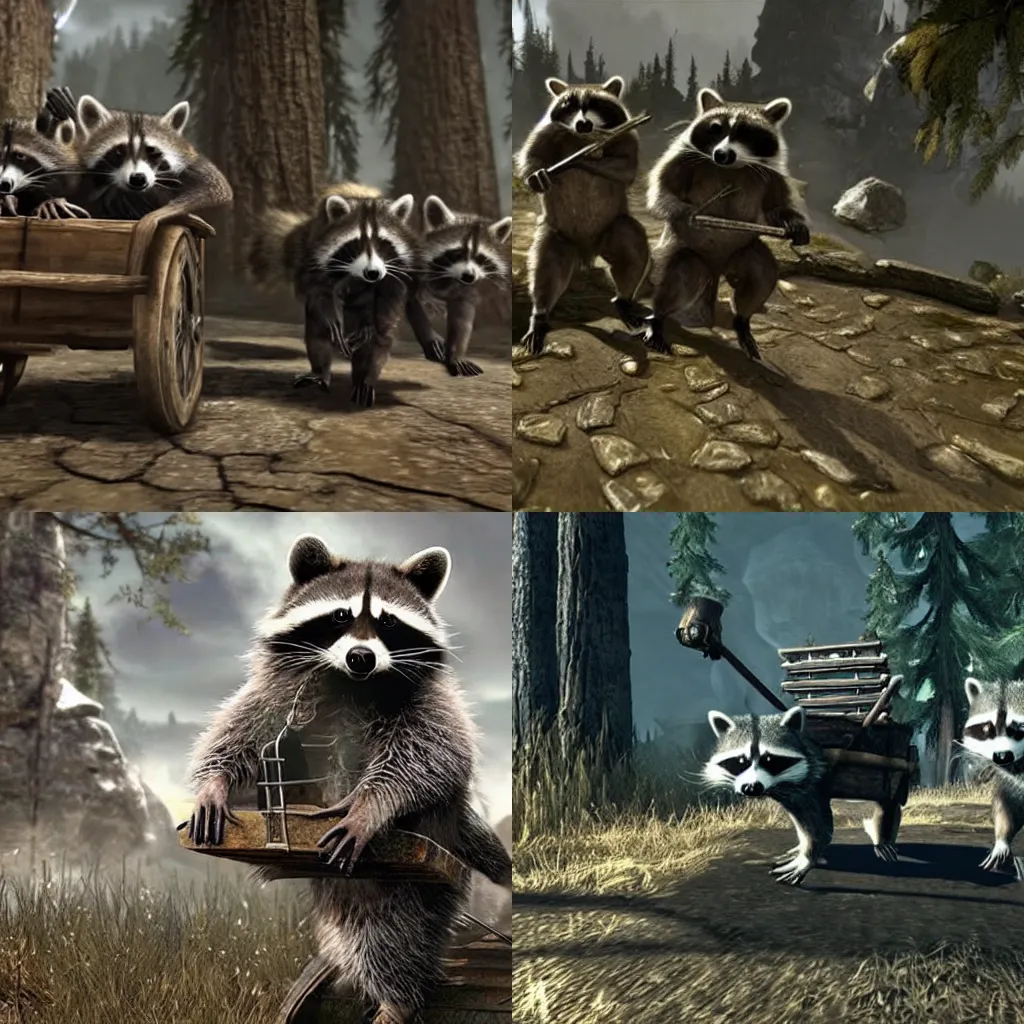 Prompt: raccoons riding in a cart during the Skyrim intro