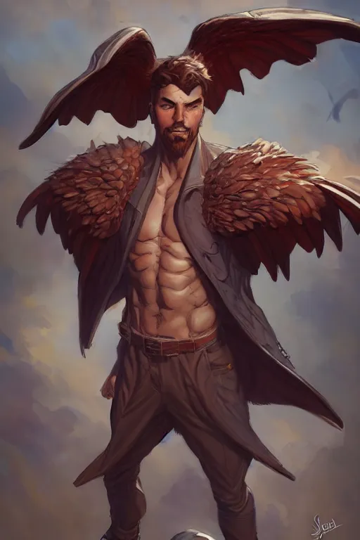 Image similar to character art by wlop, steve henderson, and j scott campbell, gooseman, male hero, goose head, wings, 4 k, arstation, trending, high quality, very detailed, digital