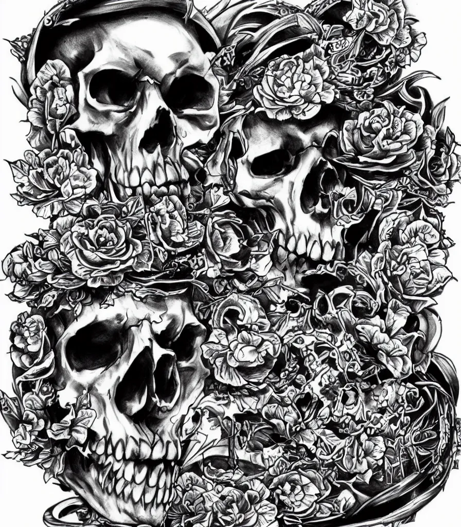 Image similar to highly detailed skull, Japanese ornament, tattoo ink sketch, isolated on white background