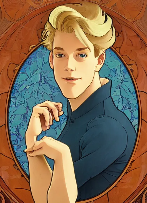 Image similar to well - lit art nouveau portrait of a young man with short blond hair, natural lighting, path traced, highly detailed, high quality, cartoon, digital painting, by don bluth and ross tran and studio ghibli and alphonse mucha