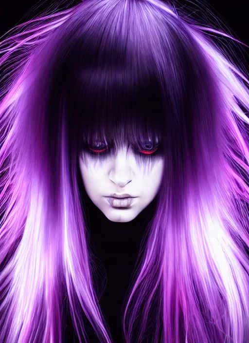 Image similar to hair whitebangs hair, black cyberlox, portrait of teenage girl with white bangs, whitebangsblackhair, messy bangs, cyberlox, whitebangs, red irises, purple clothes, intricate, elegant, glowing lights, highly detailed, digital painting, artstation, concept art, sharp focus, illustration, art by wlop, mars ravelo and greg rutkowski