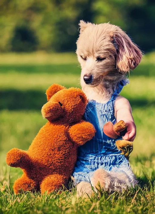Prompt: a beautiful detailed photo of a dog playing with a teddy on a farm, realistic, f 8, 4 k hd wallpaper