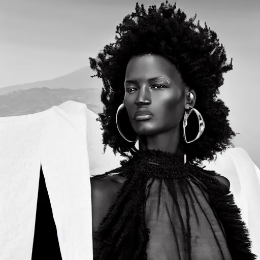 Image similar to close up of face of a black fashion model with huge and large valentino dress at the edge of active etna vulcan, official valentino editorial, highly detailed