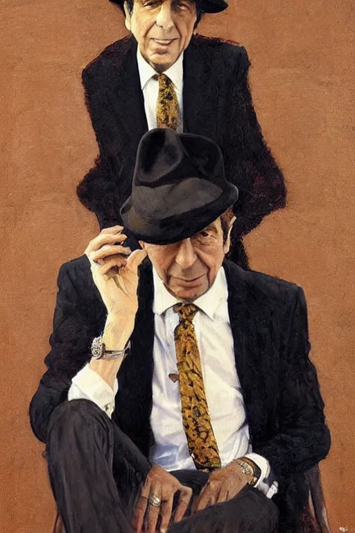 Prompt: “portrait of Leonard Cohen, impeccably dressed, wearing trilby hat, by Robert McGinnis”