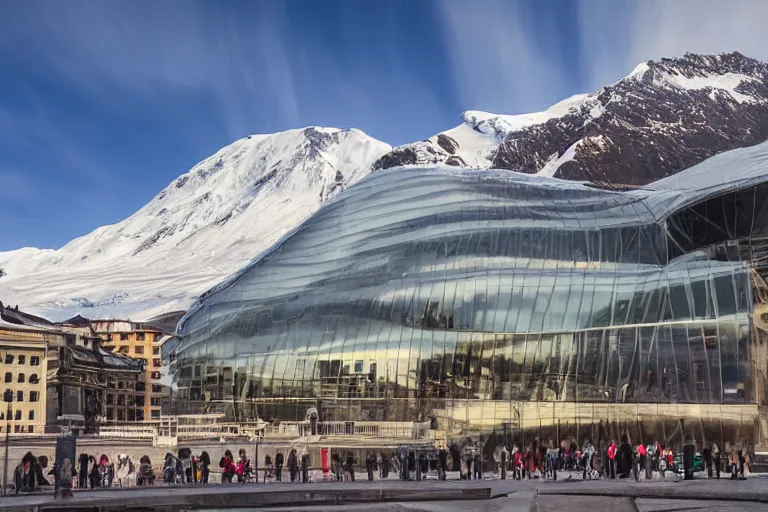 Image similar to architecture photo modern fachwerk giant opera building settlement with Elbrus mountain on the background, architecture, photorealism 8k , shining and happy atmosphere, uplight, high details