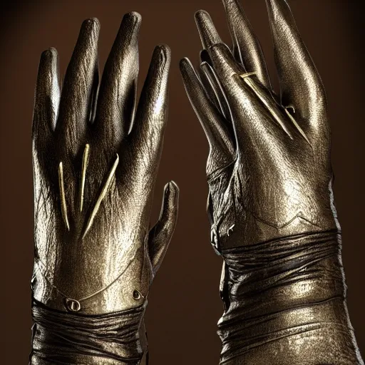 Image similar to gloves with metal claws, old leather gloves with attached talons, pointy fingertips, dark background, highly detailed, 8 k, trending on artstation, mystic, rpg artwork, by peter jackson, by sauron