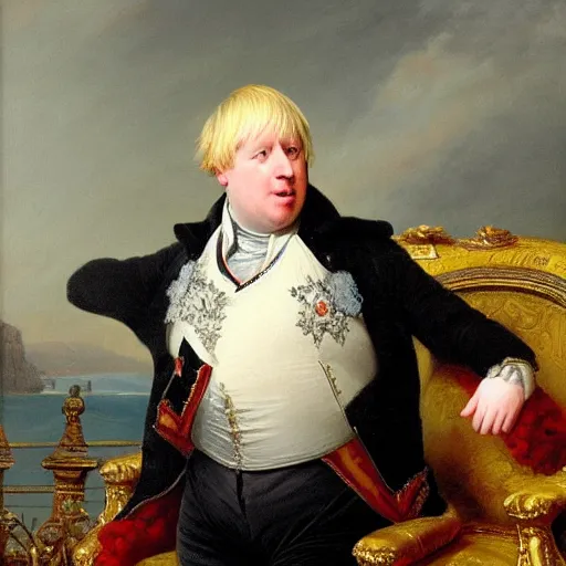 Prompt: boris johnson speaking with napoleon bonaparte painting by antoine - jean gros, realistic painting, 1 9 th century