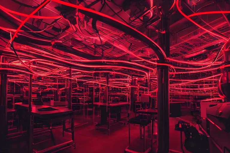 Image similar to dark sci - fi lab full of glowing tubes containing humans in red liquid, cables and wires, led lights, dark, moody ominous