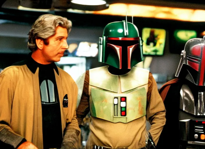 Prompt: boba fett and darth vader drinking at a bowling alley bar in the movie the big lebowski, hd