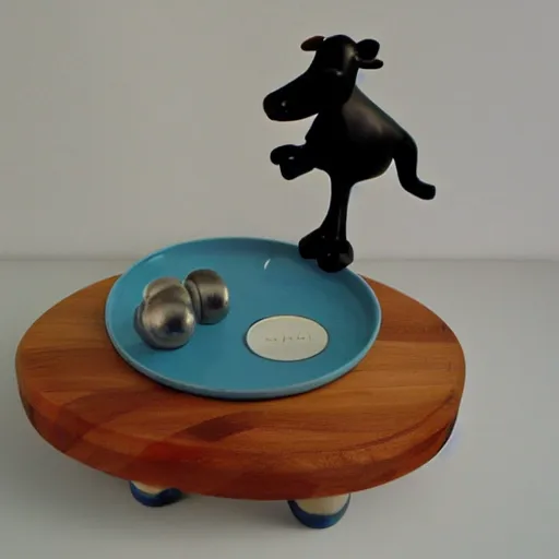 Image similar to set of balance scales with weights, weighing pixar cow figurine and pixar cat figurine in dish