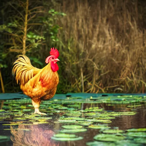 Prompt: chicken rooster standing in a pond photo bokeh depth field