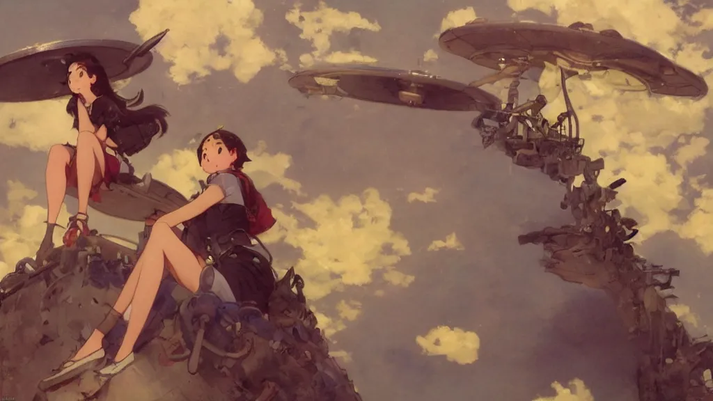 Image similar to a film still of a 1 9 5 0's mechanic anime girl sitting on top of flying ufo, finely detailed features, full body mid shot, detailed smooth face, perfect art,, trending on pixiv fanbox, painted by gaston bussiere, makoto shinkai, akihiko yoshida, gaston bussiere, craig mullins, studio ghibli