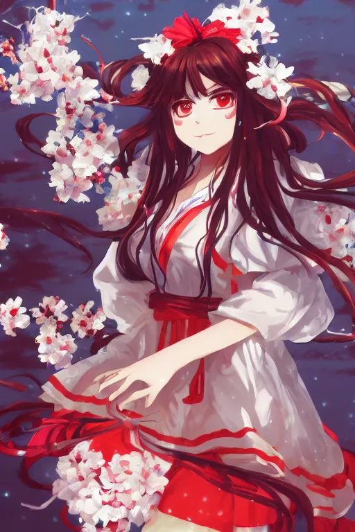 Image similar to hakurei reimu from touhou project floating on the water at night, plants, green and orange theme, s line, 4 5 angel by krenz cushart and mucha and makoto shinkai and akihito yoshida and greg rutkowski, 4 k resolution