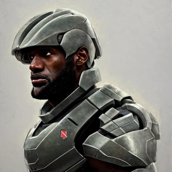 Image similar to LeBron James wearing Forerunner armor from Halo, countryside, calm, fantasy character portrait, dynamic pose, above view, sunny day, thunder clouds in the sky, artwork by Jeremy Lipkin and Giuseppe Dangelico Pino and Michael Garmash and Rob Rey and Greg Manchess and Huang Guangjian, very coherent asymmetrical artwork, sharp edges, perfect face, simple form, 100mm