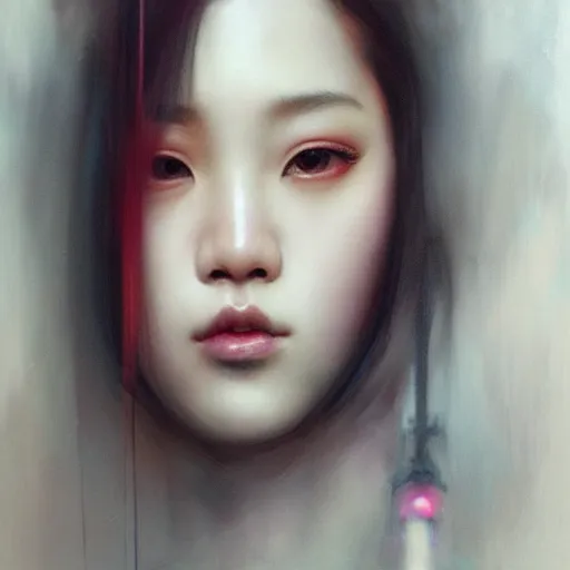 Image similar to jisoo of blackpink, hyperrealistic portrait, bladerunner street, by karol bak and agnes cecile, fantasy art, photo realistic, dynamic lighting, artstation, poster, volumetric lighting, very detailed face, 8 k, award winning