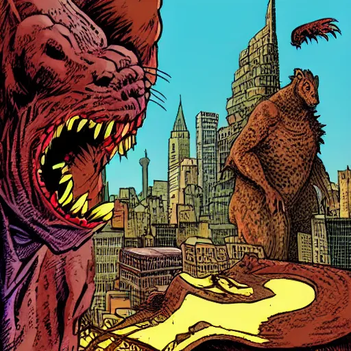 Prompt: precisely drawn illustration of giant rat the size of godzilla destroying new york city, wide angle, sharp, fine details, french comic style, vibrant realistic colors, full color, heroic fantasy, intense line art, 8 k, precise linework, realistic, in the style of heavy metal comics and richard corben and moebius