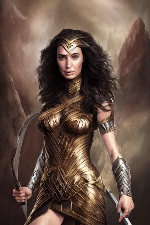 Image similar to A fantasy comic book style portrait painting of, hybrid of Gal Gadot, Emily Blunt, as an Atlantean, Reptilian Warrior, Mystical Valkyrie, Armor, Sword, Archer Bow, Spear, Sheild, François Boucher, Oil Painting, unreal 5, DAZ, hyperrealistic, octane render, Regal, Refined, Coherent, Detailed Digital Art, RPG portrait, William-Adolphe Bouguereau, Michael Cheval, Walt Disney (1937), Steampunk, dynamic lighting, Highly Detailed, Cinematic Lighting, Unreal Engine, 8k, HD