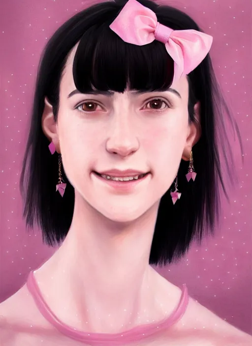 Image similar to portrait of teenage girl, realistic, black hair, bangs, half updo hairstyle, pointy nose, skinny, smile, ugly, defined jawline, big chin, pink hair bow, earrings, intricate, elegant, glowing lights, highly detailed, digital painting, artstation, sharp focus, illustration, art by wlop, mars ravelo and greg rutkowski