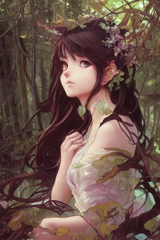 Image similar to anime visual of a beautiful young female cat girl, intricate, magical forest, stunning, highly detailed, digital painting, artstation, smooth, hard focus, illustration, art by artgerm and greg rutkowski and alphonse mucha