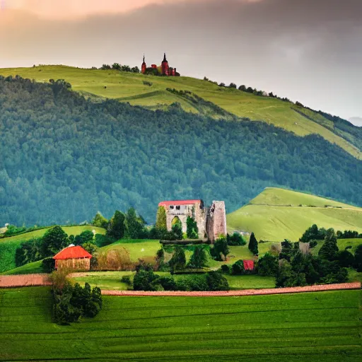 Image similar to Vast verdant valley surrounded by Transylvanian mountains, with a large zeppelin hovering in the foreground, and a ruined medieval castle on the hillside in the background. Late evening light in the summer, gloomy weather. Hyperrealistic, high quality, sharp, photography.