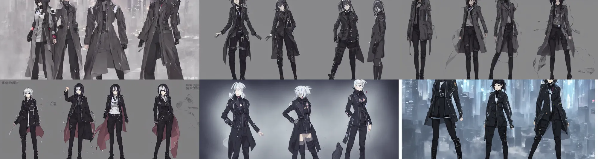 Prompt: a female anime cyberpunk dream police detective wearing a heavy trench coat, character concept explorations, concept art, clear outfit design, techwear, trending on artstation, clear shapes, clean edges, centred, full body