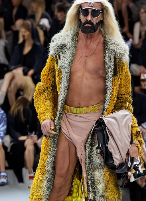 Image similar to hyperrealistic and heavy detailed balenciaga runway show of hulk hogan, leica sl 2 5 0 mm, vivid color, high quality, high textured, real life