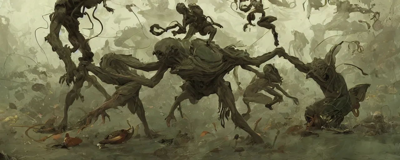 Image similar to duotone olive green grey illustration 3 / 4 portrait of gollum kun fu fighting with giant insects. dynamic chaotic composition accidental renaissance golden ratio. by sachin teng and sergey kolesov and ruan jia and heng z. graffiti art, scifi, fantasy, hyper detailed. octane render. concept art. trending on artstation