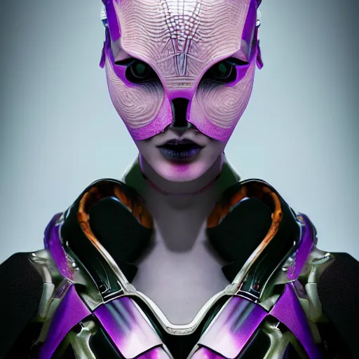Prompt: portrait of an alien cyborg princess, style of Feng Zhu, Artstation geometric, aesthetic, smooth skin, unique features, symmetrical, intricate crown, high fashion, streetwear, cyberpunk, surreal, bold, detailed, octane render, cinematic, 8k, wires, purple skin,